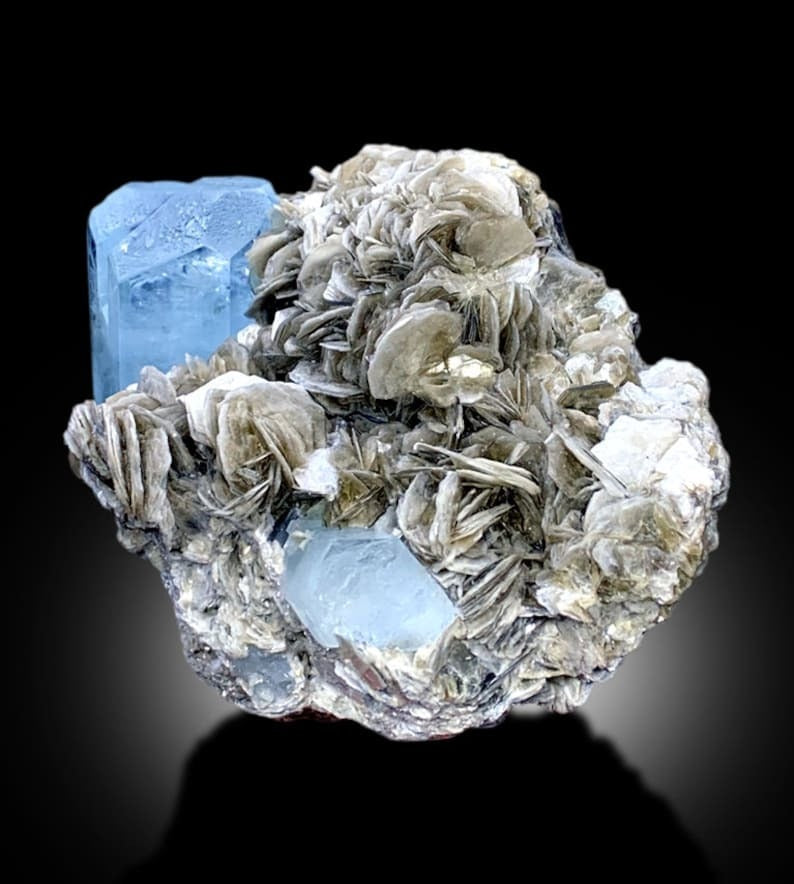 Blue Aquamarines With Muscovite Mica Mineral Specimen From Nagar Pakistan - 640 gram