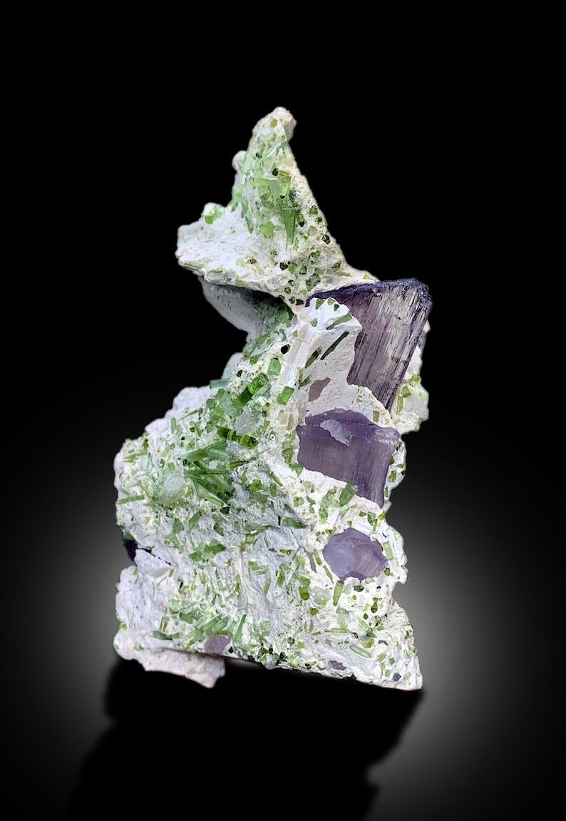 Pink Kunzite With Green Tourmline Crystals Cluster on Matrix Mineral Specimen From Afghanistan - 354 gram