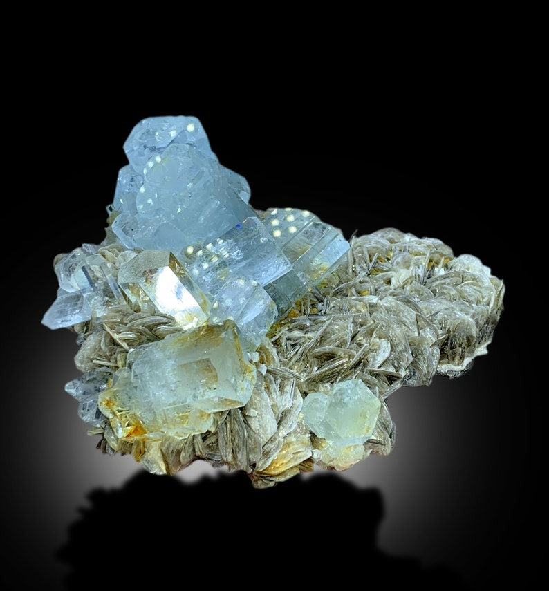 Blue Aquamarine Crystals Cluster With Muscovite Mica Mineral Specimen From Gilgit Baltistan Pakistan - 672 gram