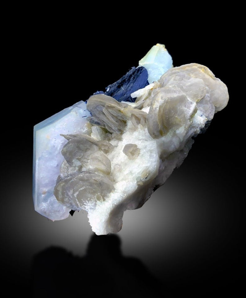 Beryl Aqua Morganite with Schorl and Lepidolite Specimen, 553 gram