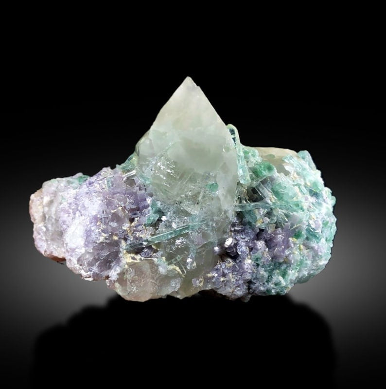 Green Tourmalines With Pink Lepidolite and Quartz Mineral Specimen From Afghanistan - 524 gram