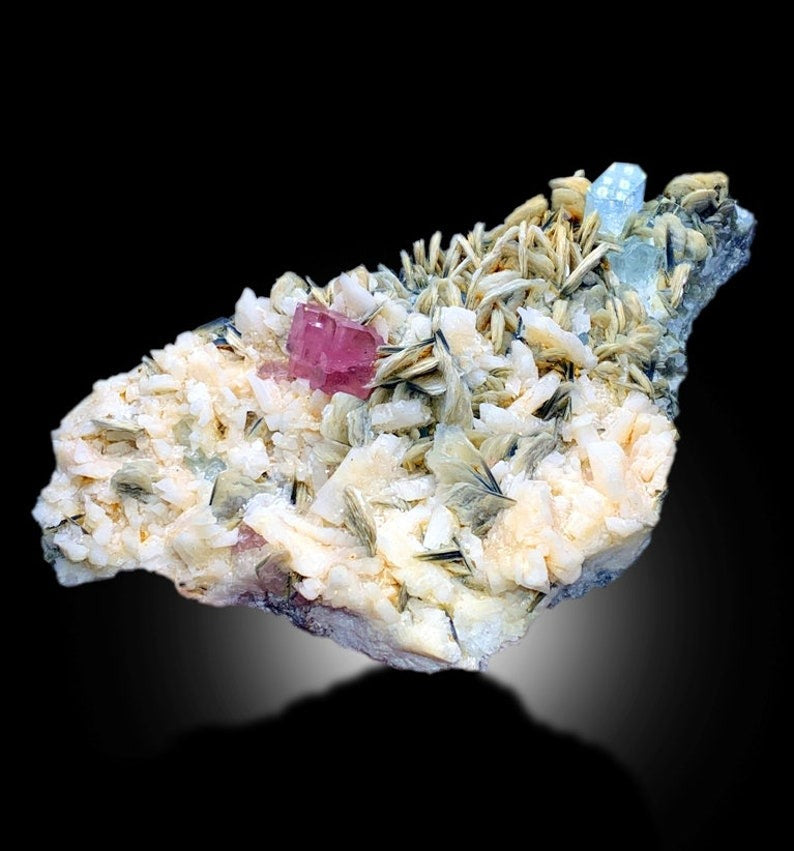 Pink Apatite With Aquamarine, Calcite and Mica Mineral Specimen From Nagar Pakistan - 711 gram