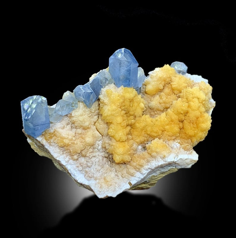 Terminated Blue Celestine Crystals With Calcite Mineral Specimen From Baghdis, Afghanistan - 89 gram