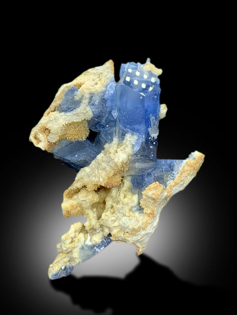 Natural Blue Celestine Crystals with Yellow Calcite Mineral Specimen from Baghdis, Afghanistan - 375 gram