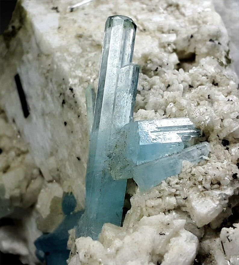Aquamarine Crystals Cluster with Black Tourmaline on Feldspar, Aquamarine Specimen, Fine Minerals, Aquamarine For Sale 1088 g