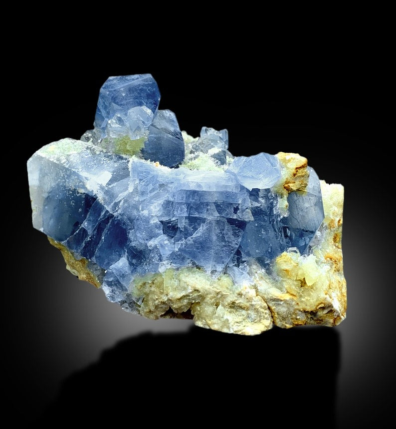 Natural Blue Color Celetine Crystals Cluster, Celestine with Yellow Calcite, Celestine Specimen, Celestine from Baghdis, Afghanistan, 396 g
