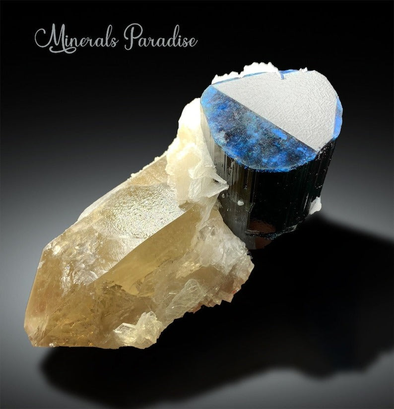 Blue Cap Tourmaline With Smoky Quartz, Tourmaline Crystal, Natural Tourmaline, Fine Minerals, Albite Minerals Specimen 233 g
