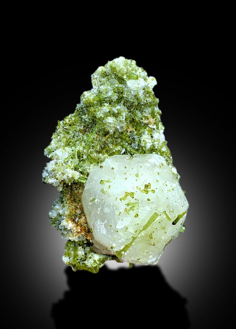 Green Tourmaline Crystals Cluster with Pollucite Mineral Specimen From Chapu Mine Skardu Pakistan - 873 gram