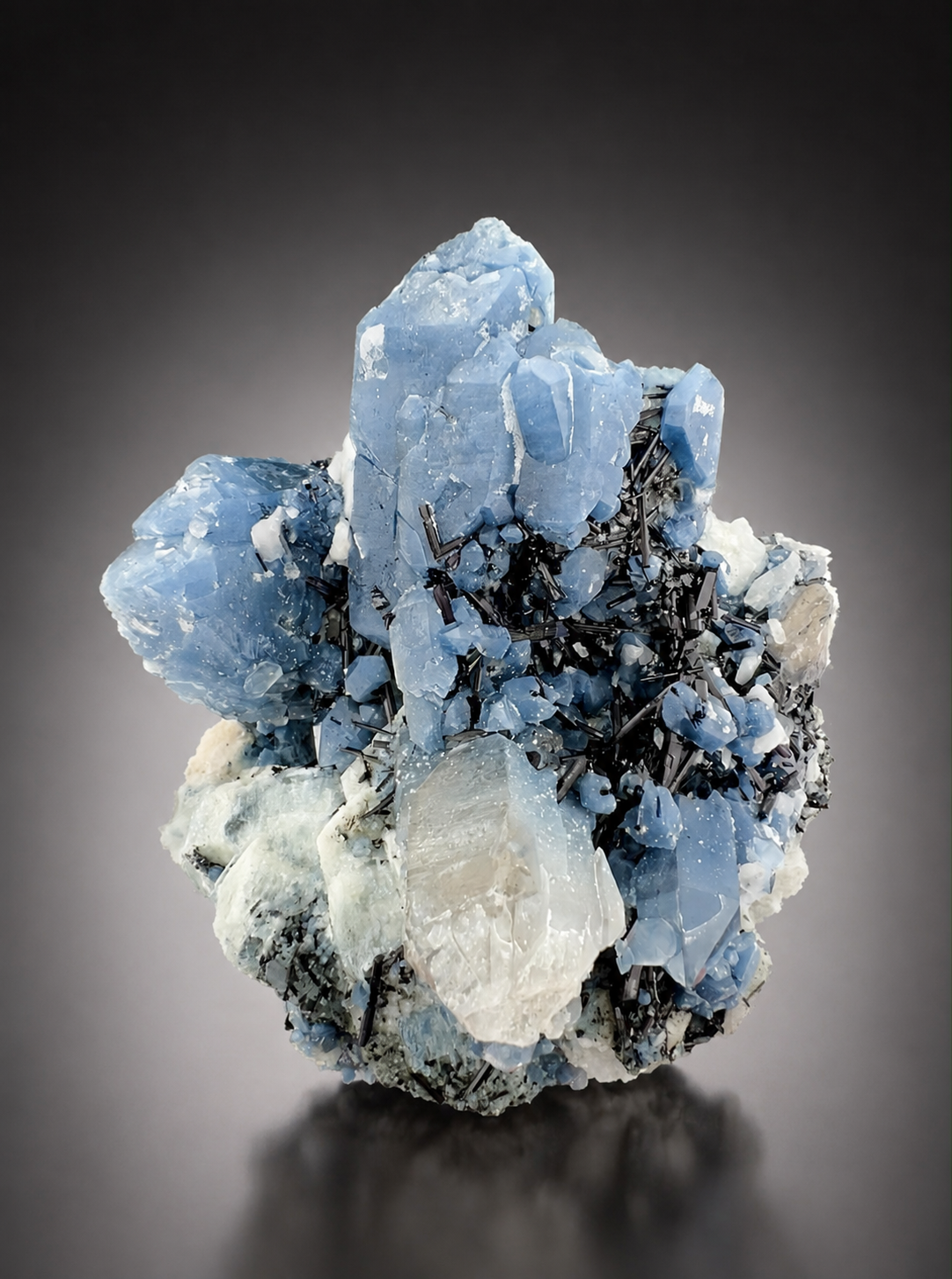 Indicolite Included Quartz Cluster with Black Schorl Tourmaline, Blue Quartz Specimen from Afghanistan, 802 gram