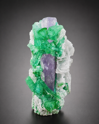 Natural Pink Kunzite with Green Tourmalines and Clevelandite Albite Specimen with Custom Base, 567 gram