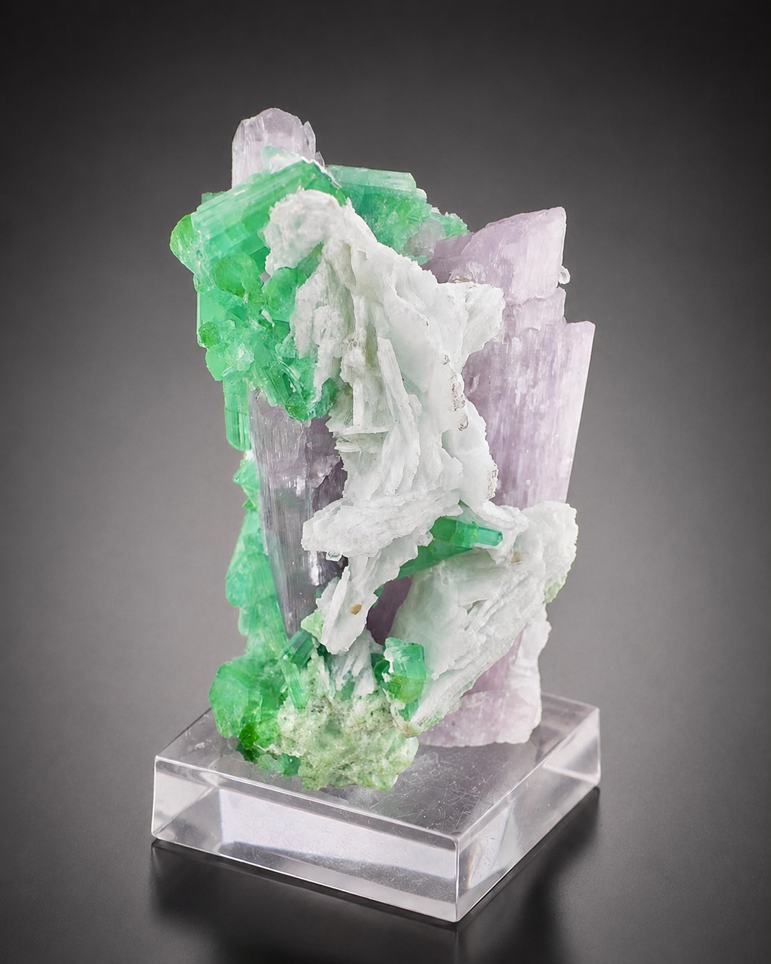 Natural Pink Kunzite with Green Tourmalines and Clevelandite Albite Specimen with Custom Base, 567 gram