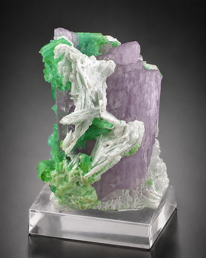 Natural Pink Kunzite with Green Tourmalines and Clevelandite Albite Specimen with Custom Base, 567 gram