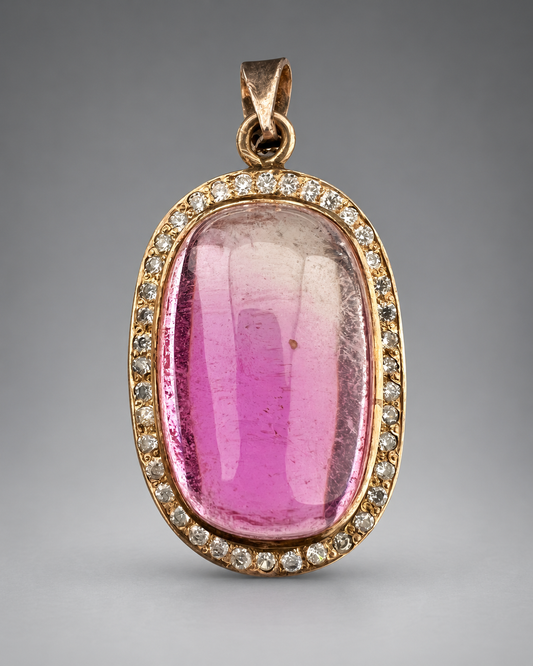 Natural Pink Kunzite Cabochon Pendant with White Zircon Halo, Oval Gemstone Jewelry, 16g