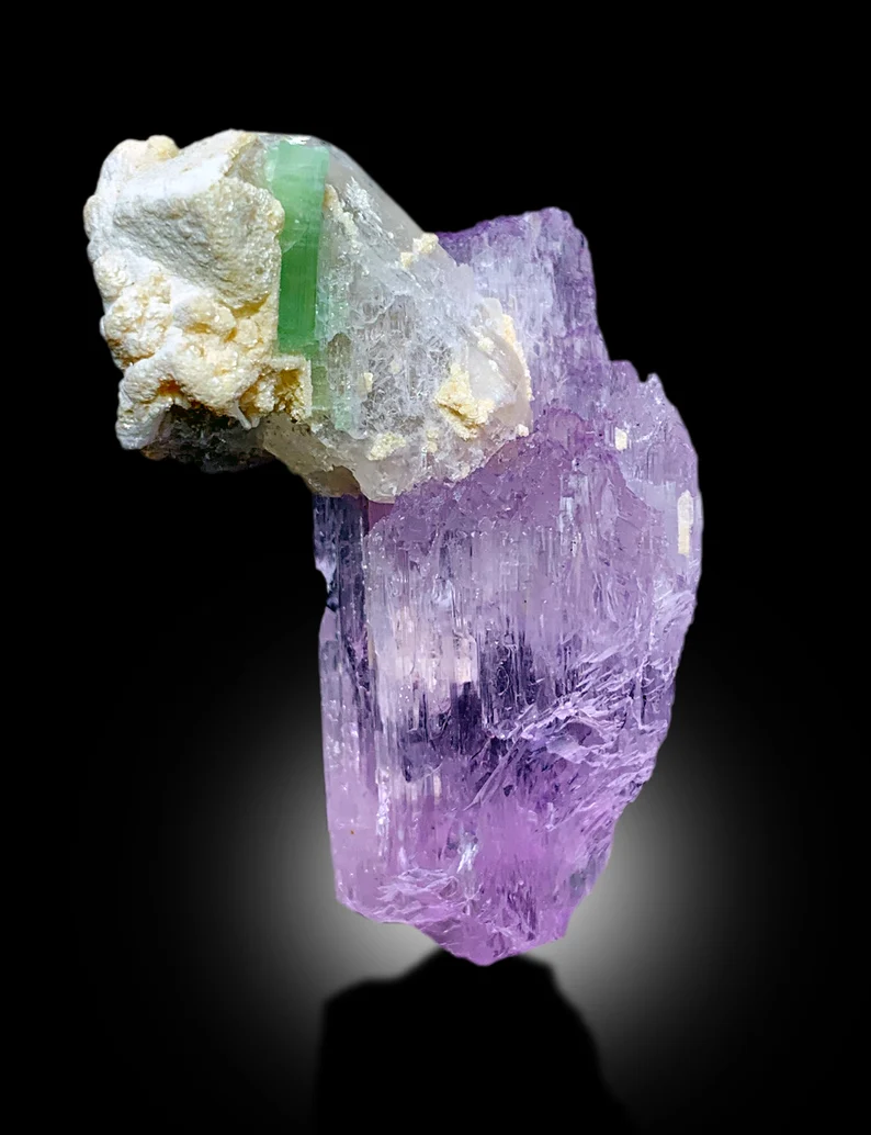 Mountain termination kunzite close-up
DT pink kunzite good luster surface
Rare kunzite DT mountain formation
Afghan kunzite three mineral specimen
Pink kunzite 58x43mm profile view