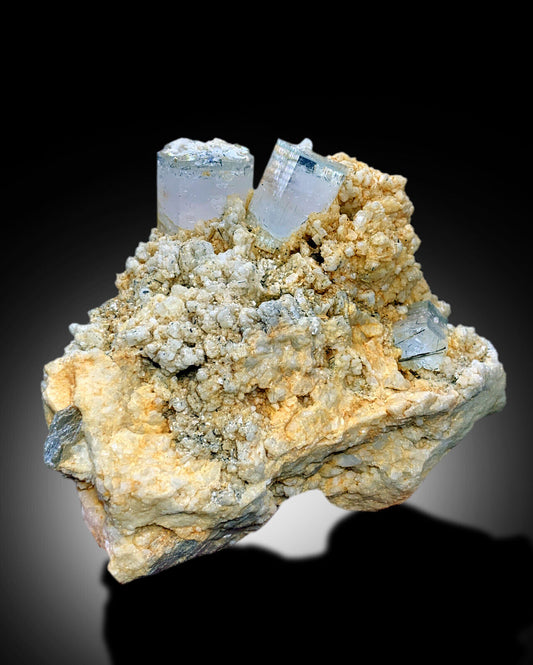 AquaMorganite crystal with schorl and feldspar
bicolor beryl specimen from Skardu Pakistan