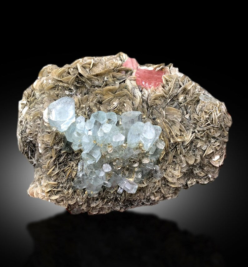 Aquamarine cluster specimen, cabinet display scale
Blue aquamarine crystals with pink apatite, angled view
