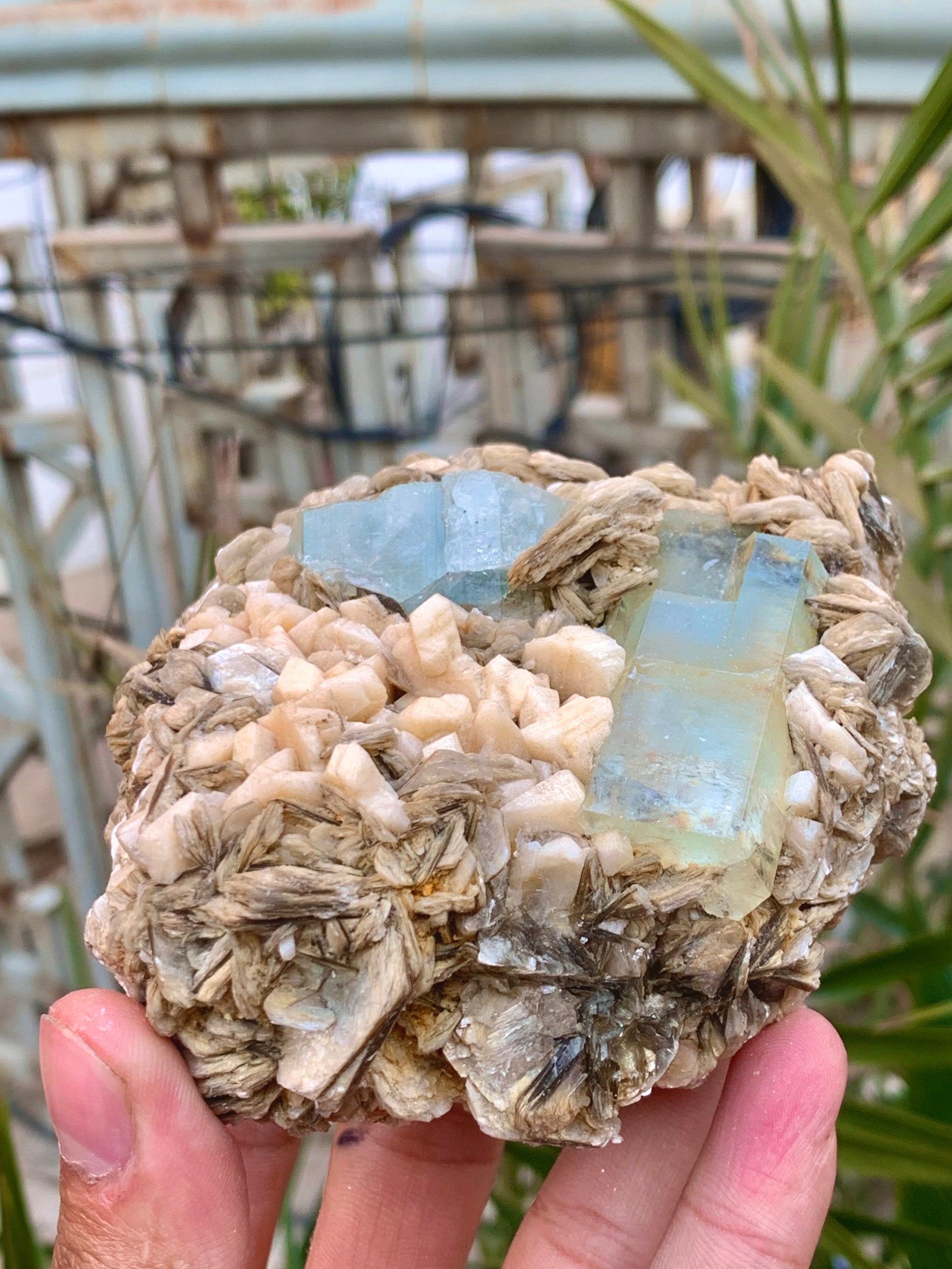 Aquamarine crystal dimensions 102 by 93 by 67 mm
Sky blue aquamarine crystal back angle view