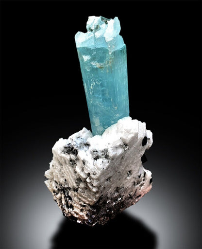 Aquamarine crystal dimensions 125 by 32 mm
Aquamarine specimen back angle view