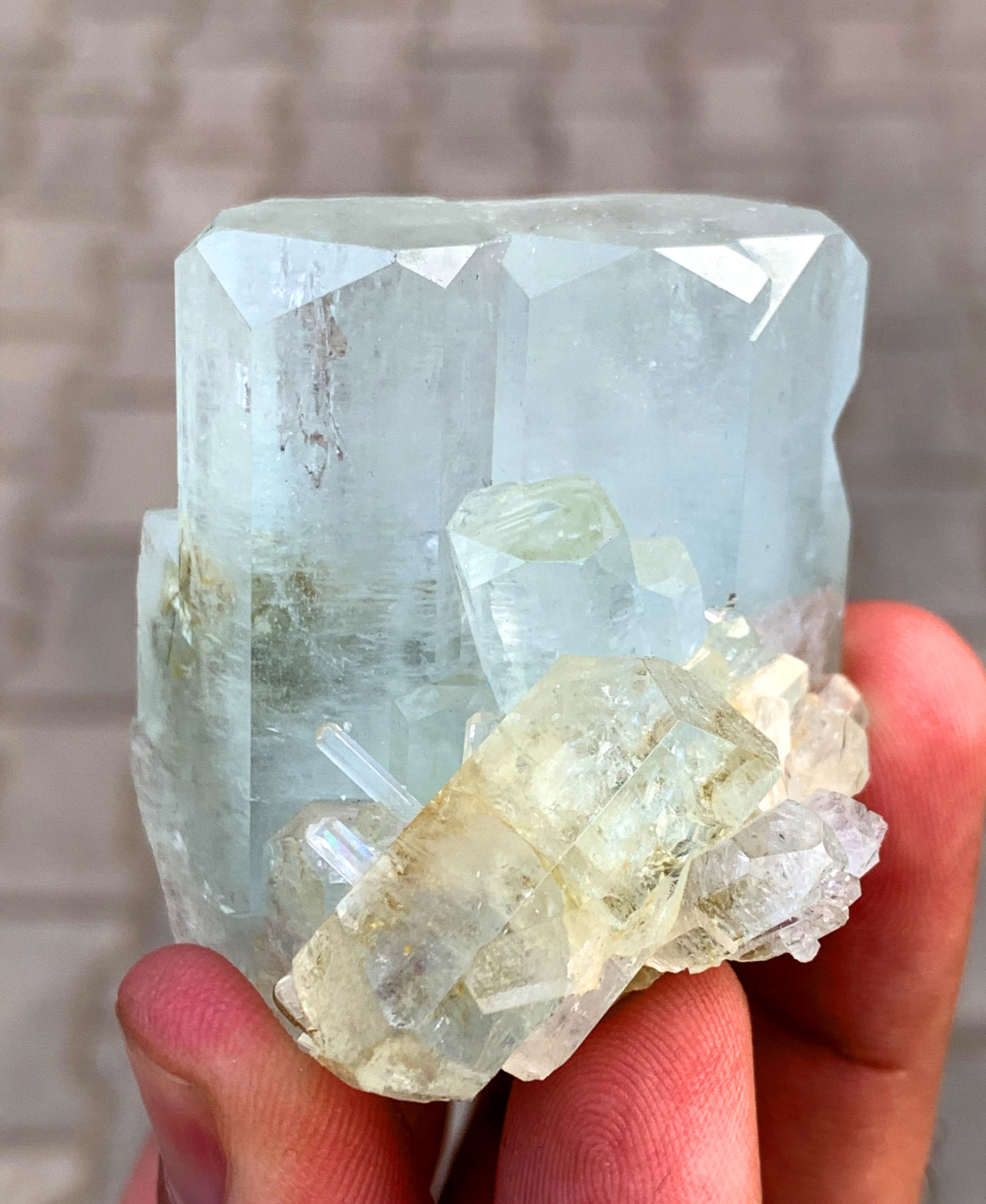 Aquamarine crystal faces showing color and luster
Skardu Pakistan aquamarine cluster undamaged crystals
Natural untreated aquamarine cluster specimen