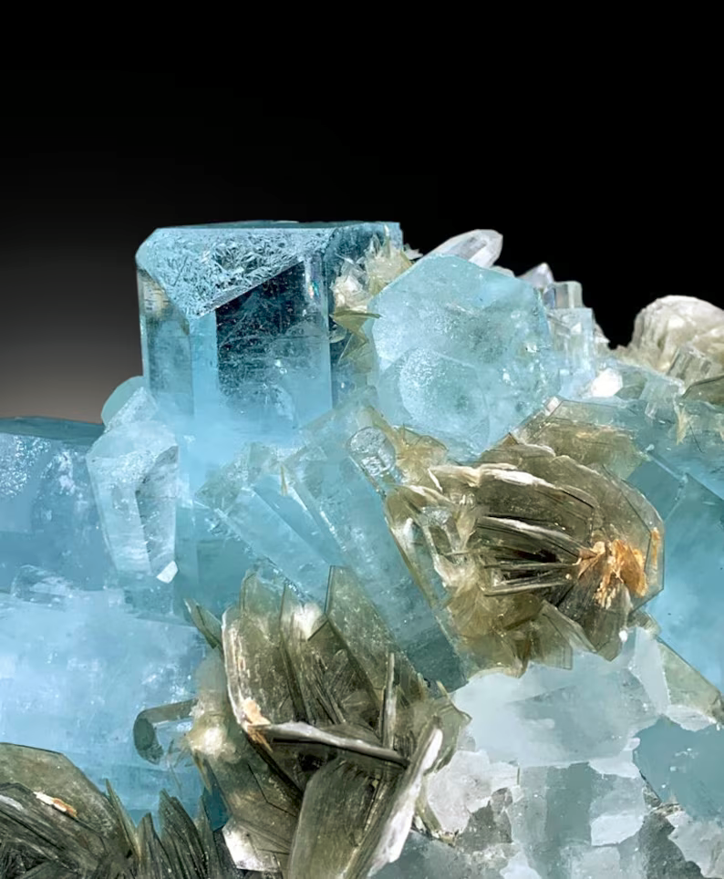 Aquamarine crystals with excellent color and transparency
Aquamarine cluster with mica, 130x105mm, side view
