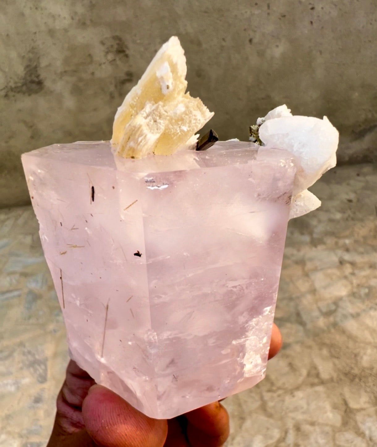 Pink Morganite crystal with Tourmalines, Mica and Feldspar from Pakistan, 365 gram