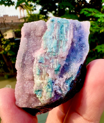 Crystallized Pink Rose Quartz on Cats Eye Tourmaline from Afghanistan - 60 gram