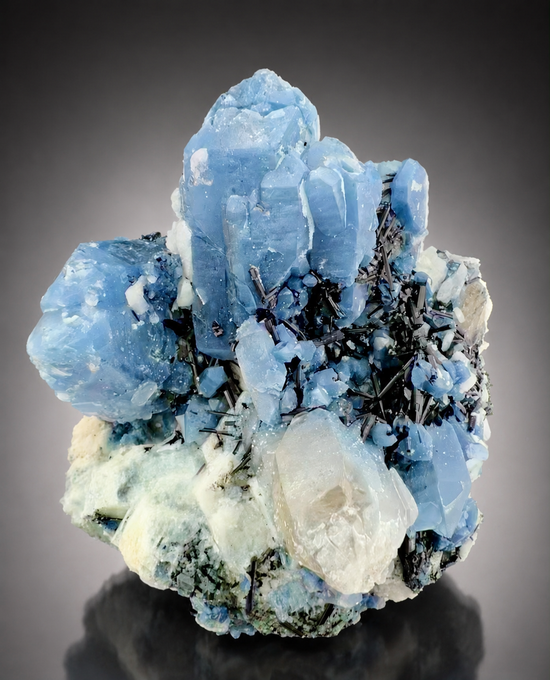 Indicolite Included Quartz Cluster with Black Schorl Tourmaline, Blue Quartz Specimen from Afghanistan, 802 gram