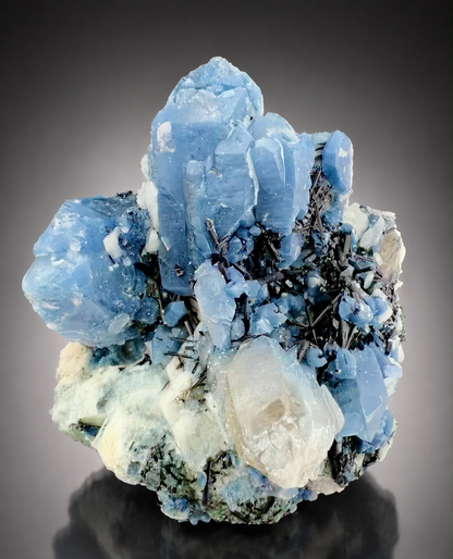 Indicolite Included Quartz Cluster with Black Schorl Tourmaline, Blue Quartz Specimen from Afghanistan, 802 gram