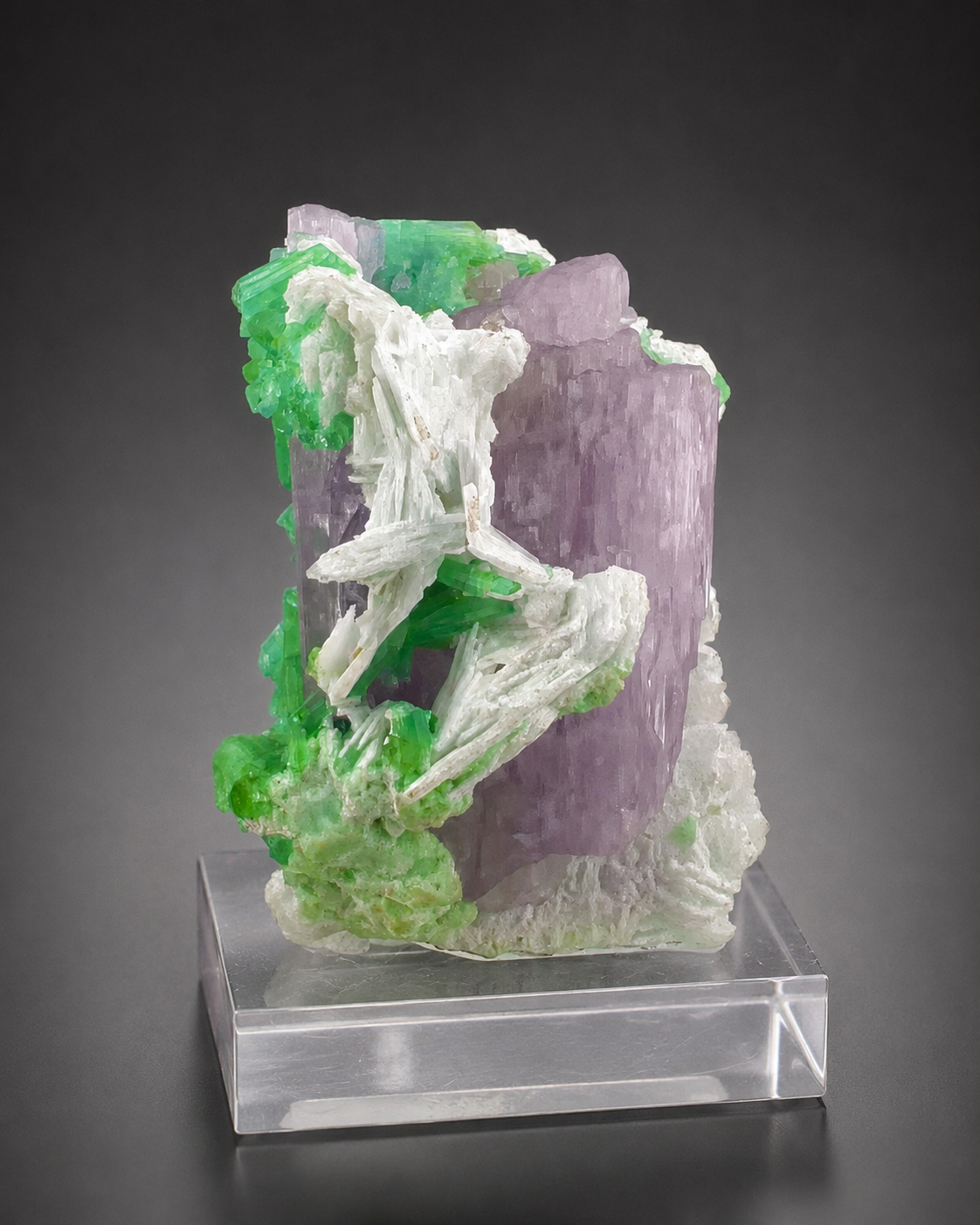 Natural Pink Kunzite with Green Tourmalines and Clevelandite Albite Specimen with Custom Base, 567 gram