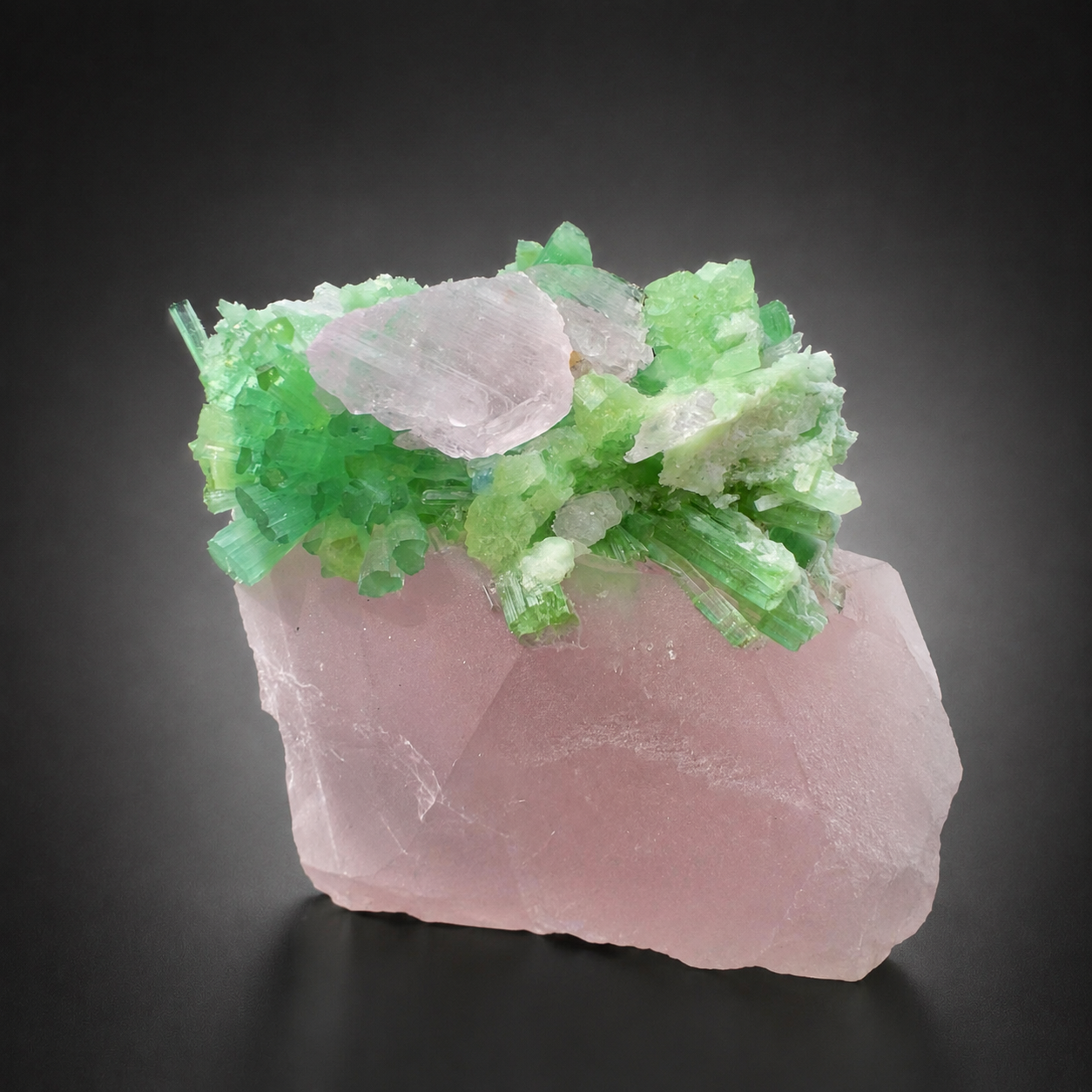 Natural Pink Morganite with Lilac Kunzite and Green Tourmaline Cluster from Afghanistan, 291 gram