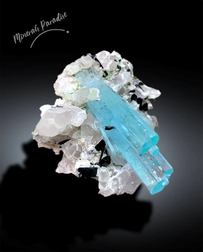 Black schorl tourmaline crystals beside aquamarine
Shigar Valley Skardu aquamarine specimen detail view
Natural untreated aquamarine crystal specimen