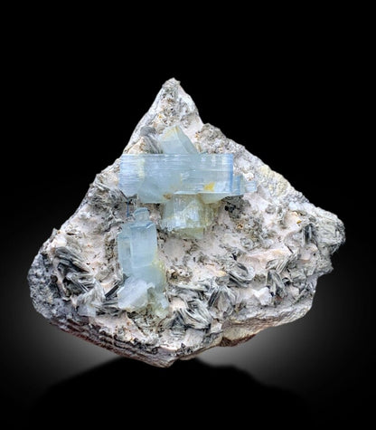 Blue cap aquamarine termination close-up color detail
Natural untreated aquamarine blue cap cluster display
Chumar Bakhoor aquamarine collector specimen for sale