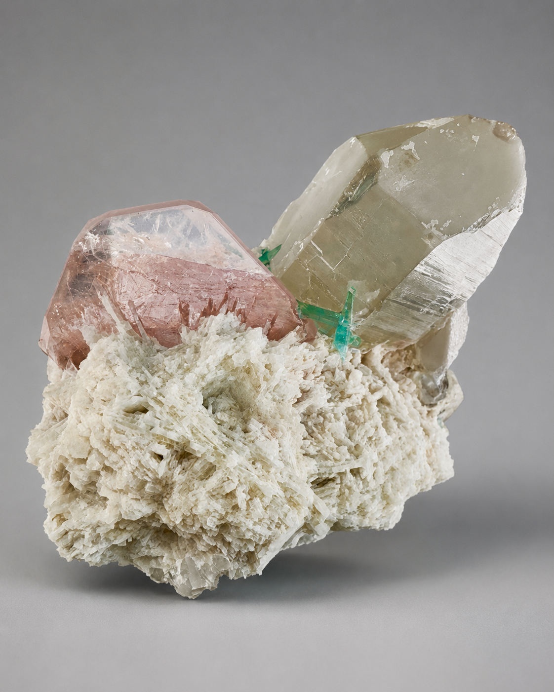 Natural Morganite with Green Tourmaline, Smoky Quartz and Clevelandite Albite from Afghanistan, 631 gram