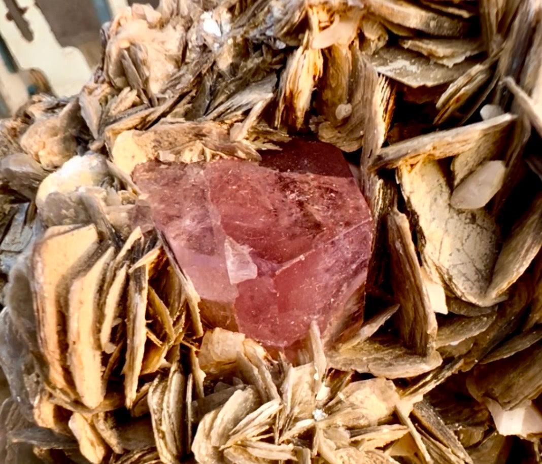 Pink Apatite crystal on mica, Apatite specimen from Pakistan, 489 gram