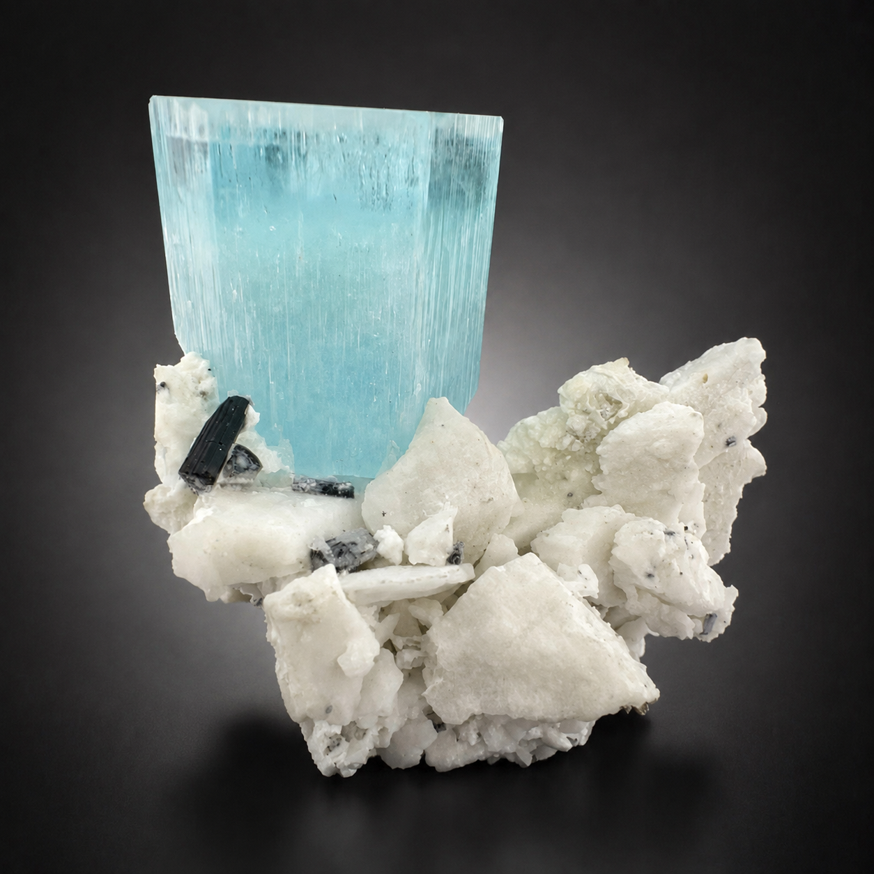 Natural Aquamarine Crystal with Schorl Tourmaline and Feldspar Matrix from Pakistan, 296 gram