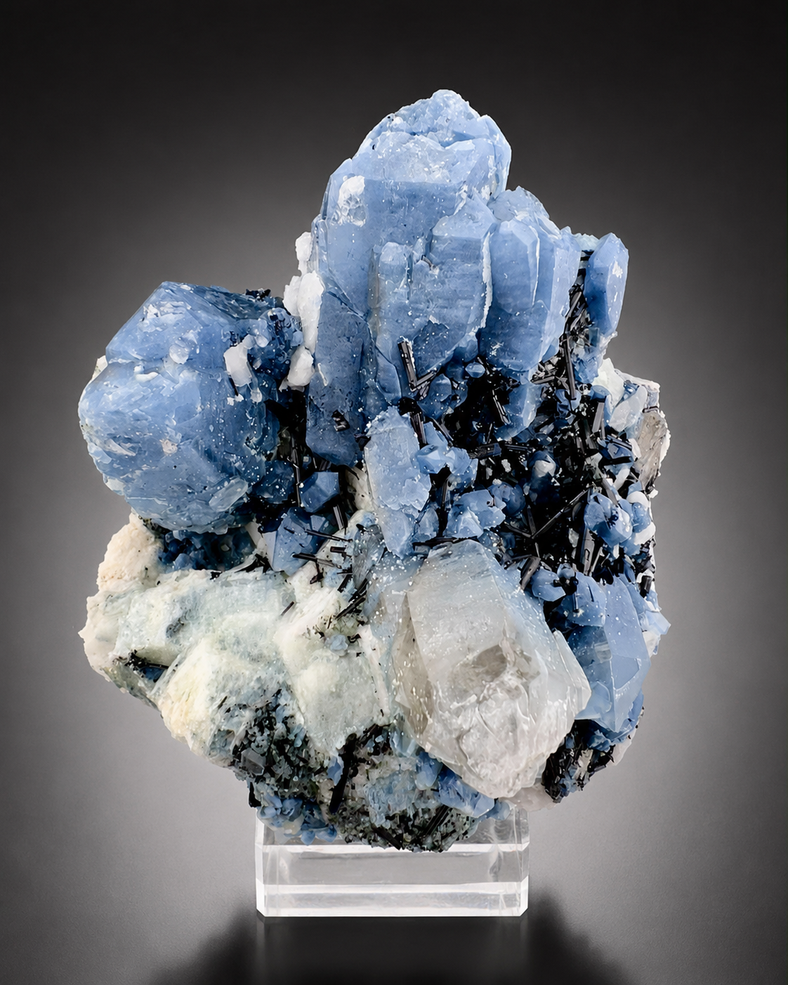 Indicolite Included Quartz Cluster with Black Schorl Tourmaline, Blue Quartz Specimen from Afghanistan, 802 gram
