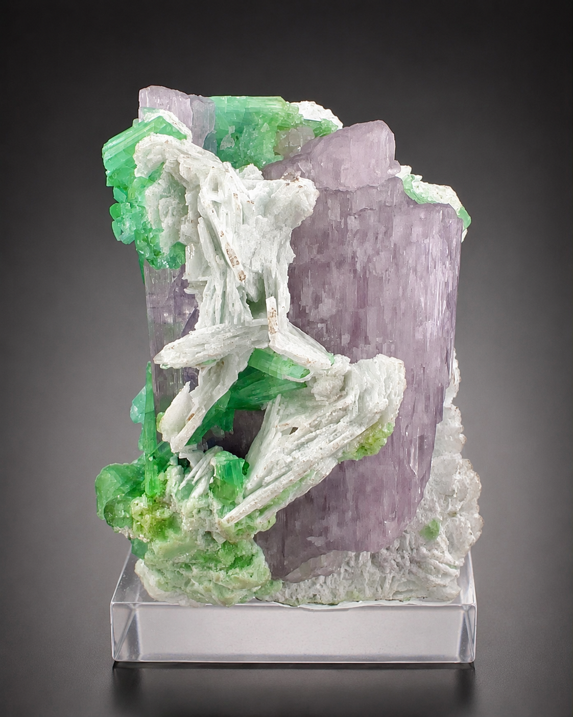 Natural Pink Kunzite with Green Tourmalines and Clevelandite Albite Specimen with Custom Base, 567 gram