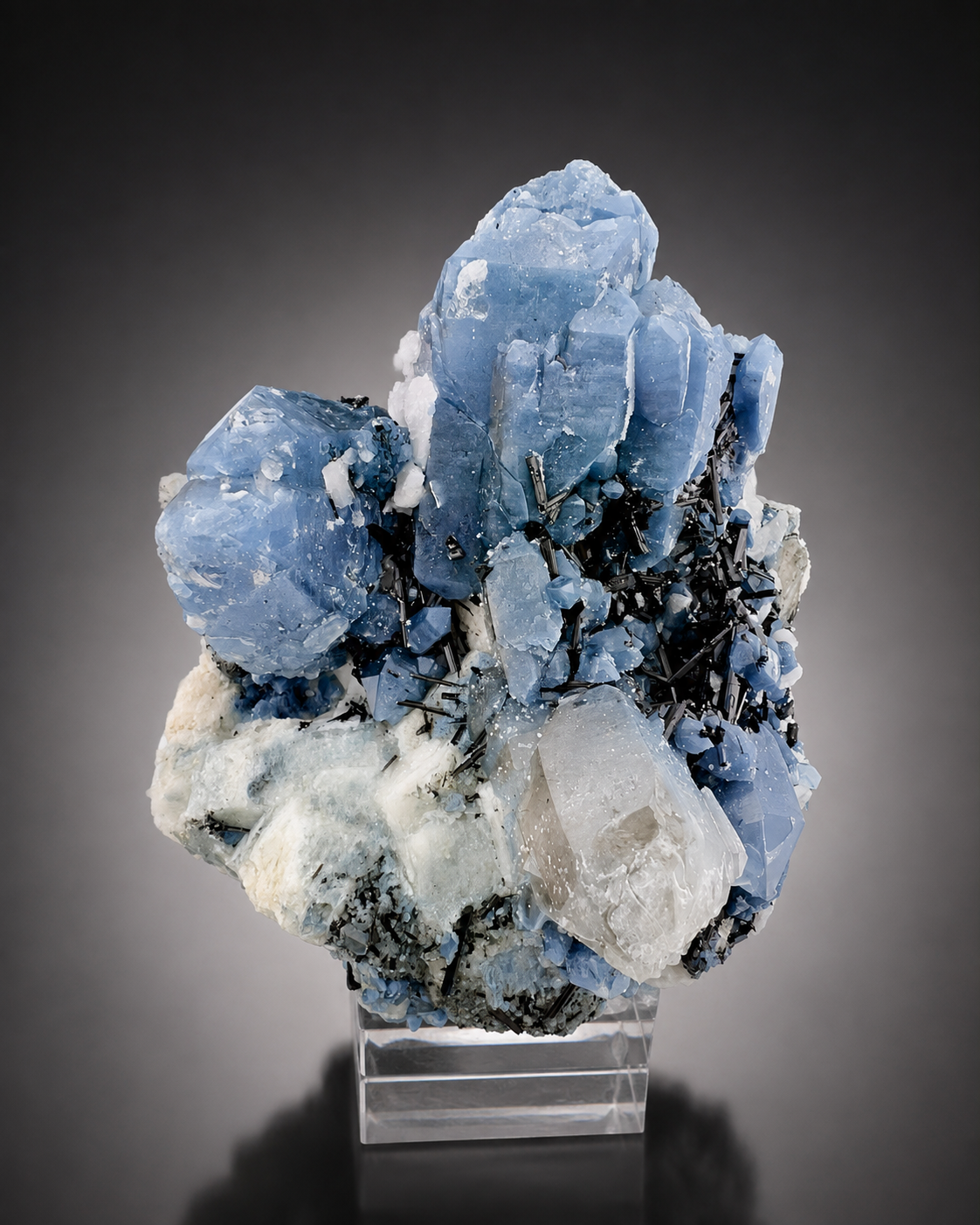 Indicolite Included Quartz Cluster with Black Schorl Tourmaline, Blue Quartz Specimen from Afghanistan, 802 gram