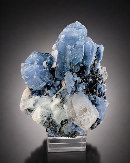 Indicolite Included Quartz Cluster with Black Schorl Tourmaline, Blue Quartz Specimen from Afghanistan, 802 gram