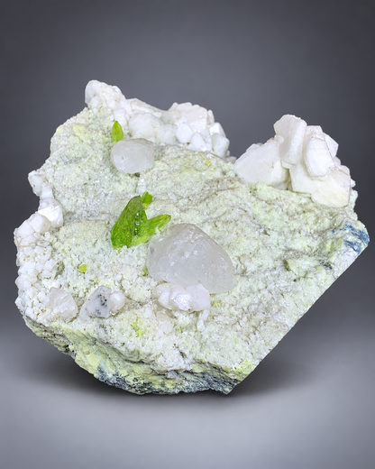 Green Sphene Crystals With Calcite On Matrix From Pakistan - 480 Grams
