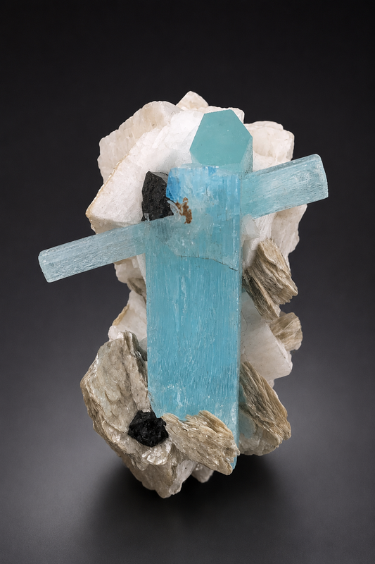 Blue Aquamarine Crystal With Schorl And Mica on Feldspar From Pakistan - 106 Grams