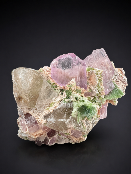 Pink Kunzite Crystal With Green Tourmaline on Matrix from Afghanistan - 171 Grams