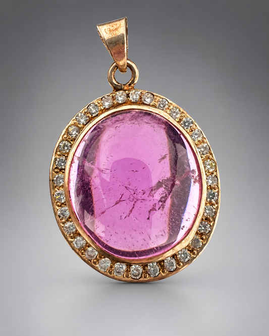 Natural Pink Kunzite Cabochon Pendant with White Zircon Halo – Gold Tone Jewelry, 7g
