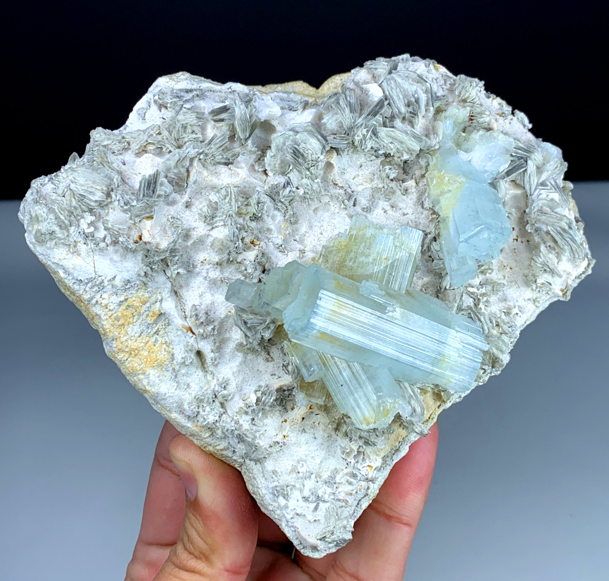 Terminated aquamarine crystals deep blue cap color
Chumar Bakhoor aquamarine premium blue cap specimen
Natural aquamarine cluster 150x125mm Gilgit-Baltistan