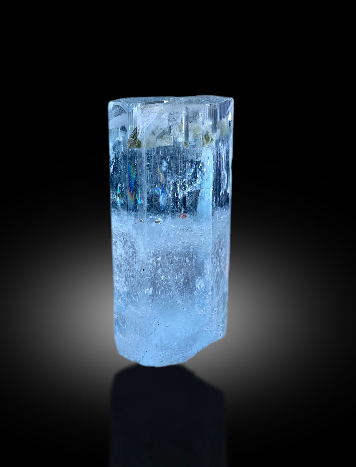 Sky blue aquamarine, three-quarter angle
Rear face of a single aquamarine crystal
Clear aquamarine crystal for a mineral collection