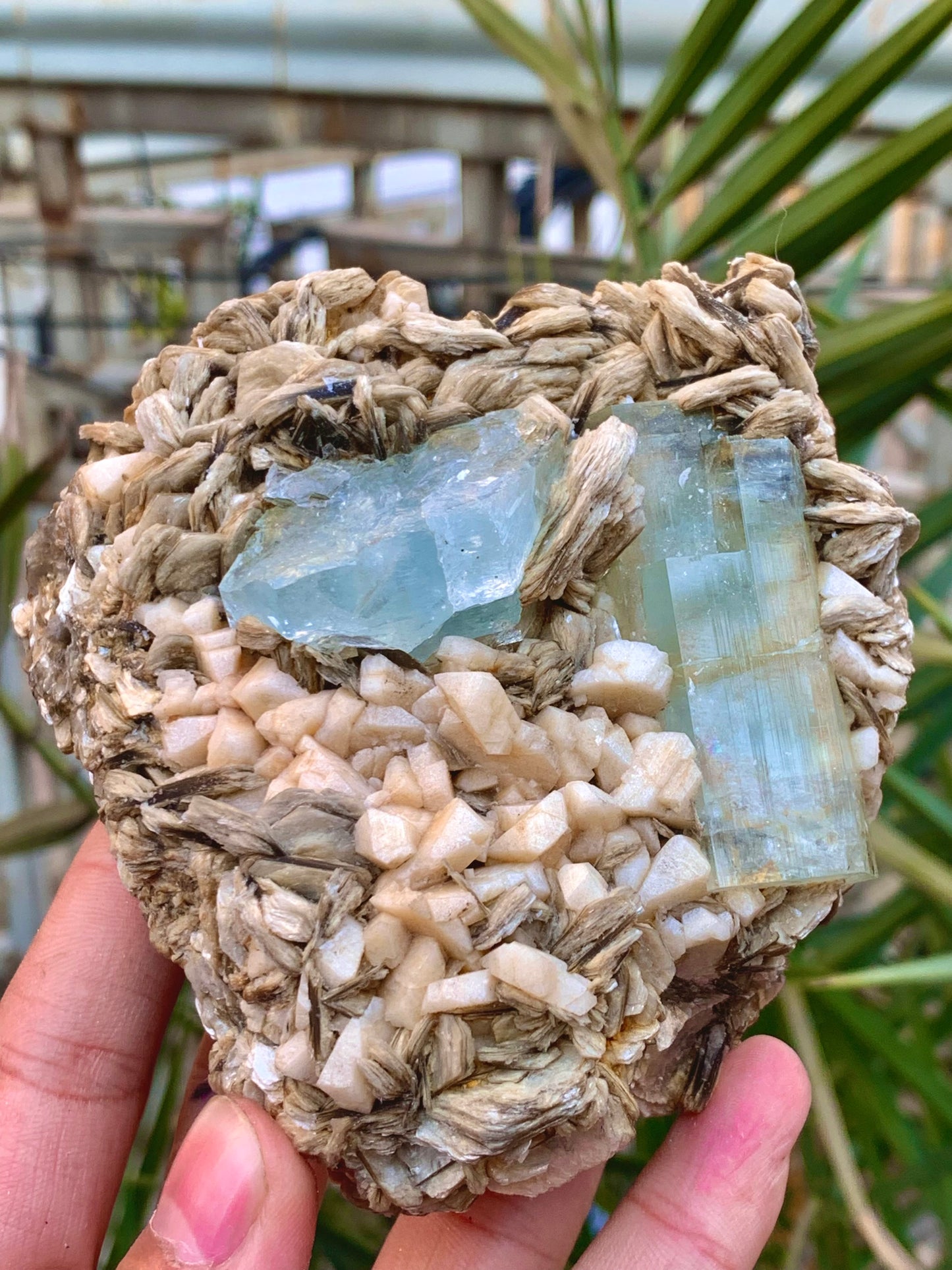 Closeup of aquamarine crystal color and luster
Sky blue aquamarine crystal side view