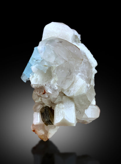 Natural blue aquamarine with schorl Shigar Valley
Closeup of aquamarine crystal termination and luster
Aquamarine specimen with microcline feldspar side view
Top view of 516 gram aquamarine specimen
Aquamarine crystal with scale reference for size