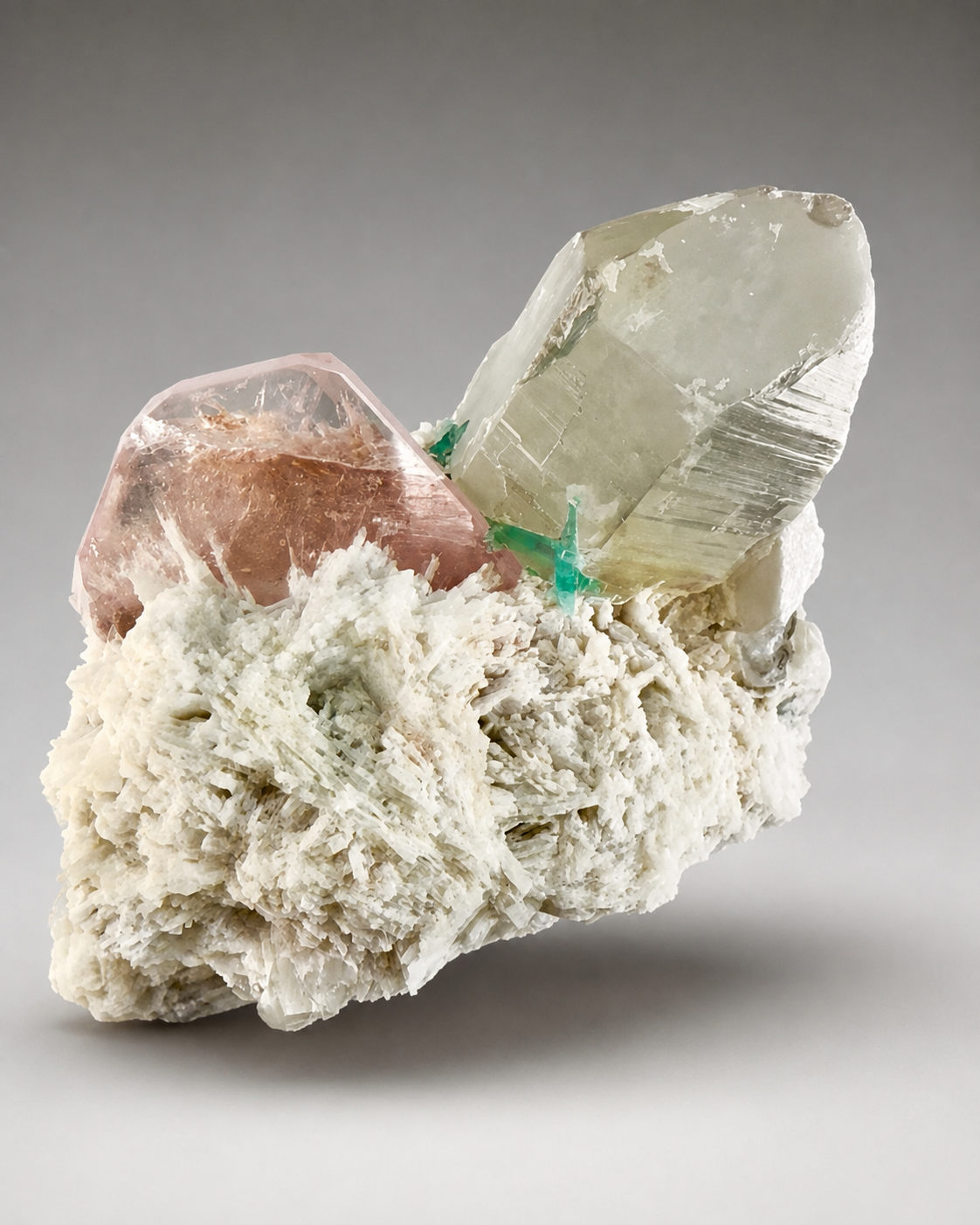 Natural Morganite with Green Tourmaline, Smoky Quartz and Clevelandite Albite from Afghanistan, 631 gram