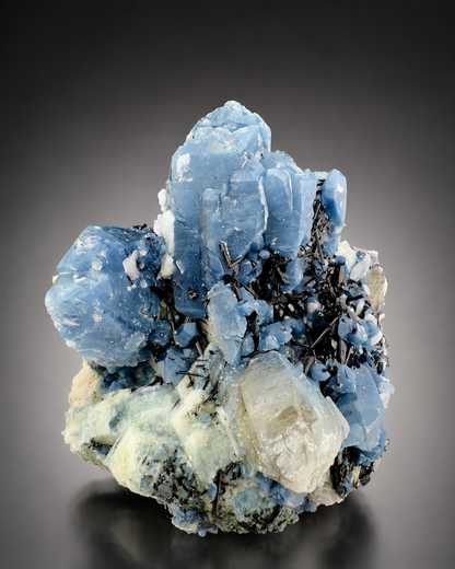 Indicolite Included Quartz Cluster with Black Schorl Tourmaline, Blue Quartz Specimen from Afghanistan, 802 gram