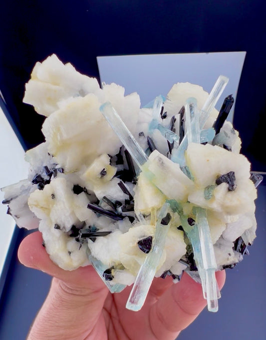 Aquamarine crystals with Schorl on Feldspar from Pakistan, 300 gram